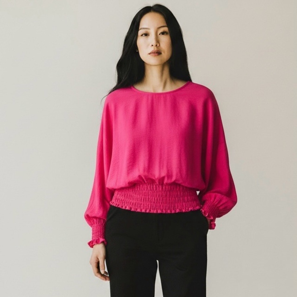 1.State Womens Blouson Sleeve Smocked Waist Hem Top Hot Pink‎ Size Small